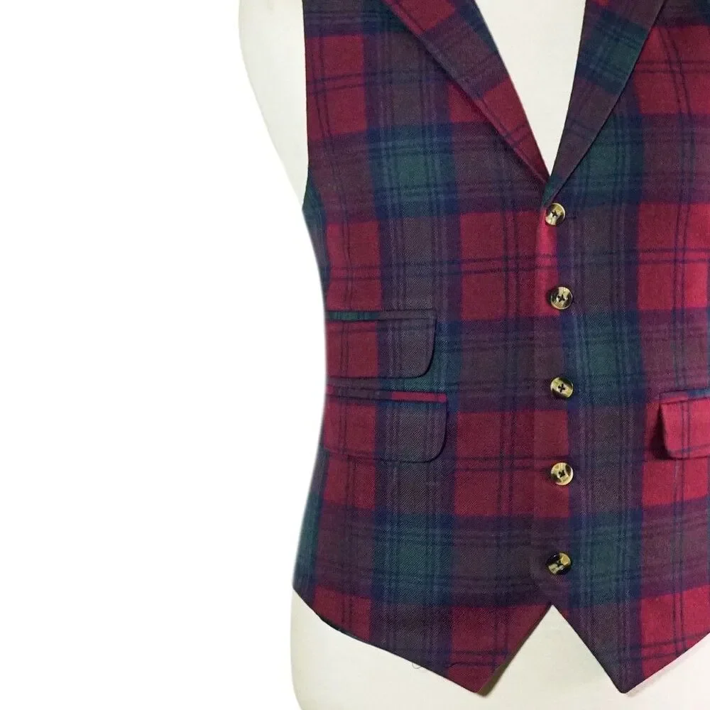 Mens 46R Plaid Wool Waistcoat Red Navy Green Tartan Vest Classic Formal Wedding